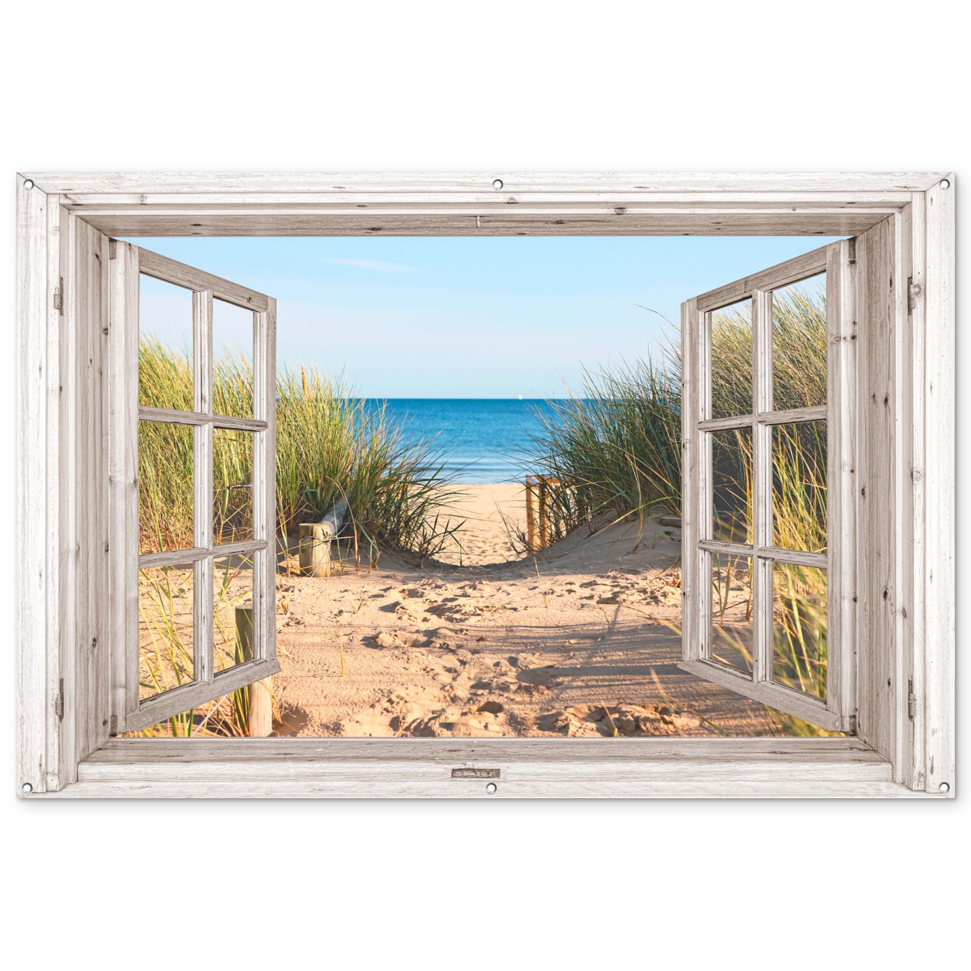 GARTENPOSTER Durchblick - Strand - Meer - Dünen - Sand - Wasser - Hochgras Poster für draußen 180x120 cm - Sandfarben, Kunststoff (180/120/0.2cm) - OnlyWow