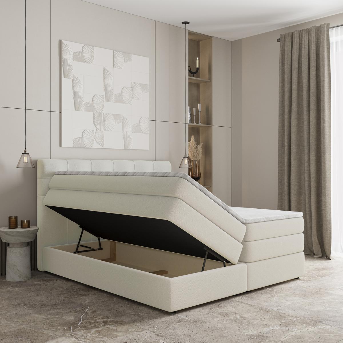 BOXSPRINGBETT AREZI 140x200 cm mit Matratze und Topper - Creme - Creme, Holz (140/200cm) - MASSENO