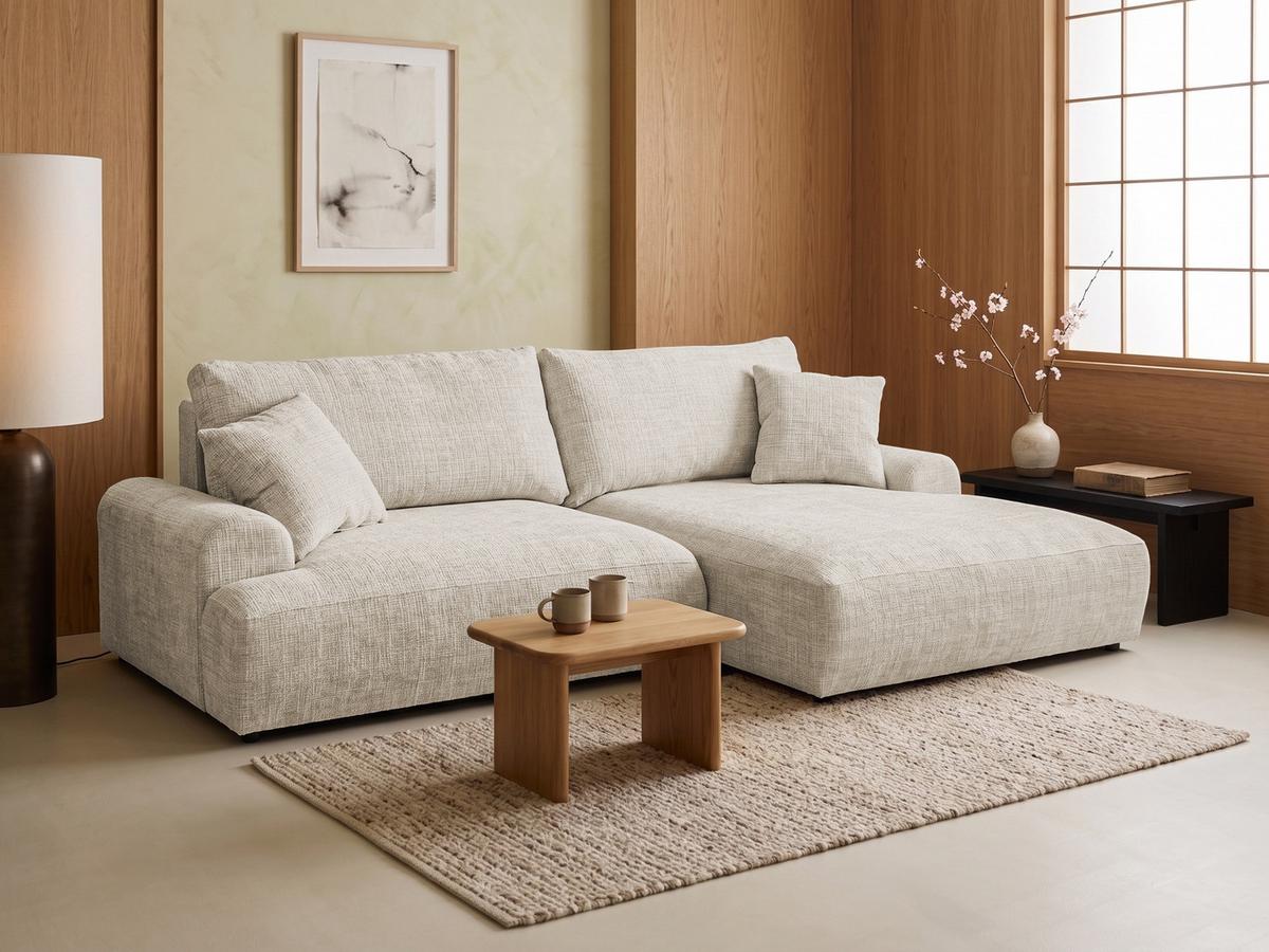 ECKSOFA Melvano mit Schlaffunktion und Bettkasten im Japandi-Stil aus weichem Beige Chenille-Stoff - Creme/Schwarz, Holz/Kunststoff (240/145cm) - S-Style