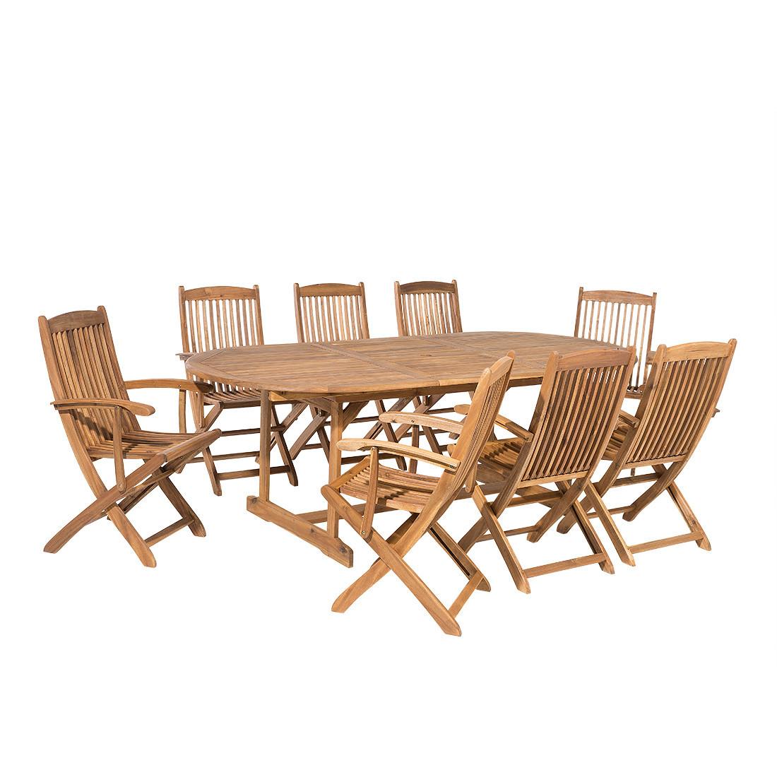 GARTENMÖBEL-SET 8-Sitzer Akazienholz hellbraun mit Sonnenschirm Maui - Hellbraun, Holz - Beliani