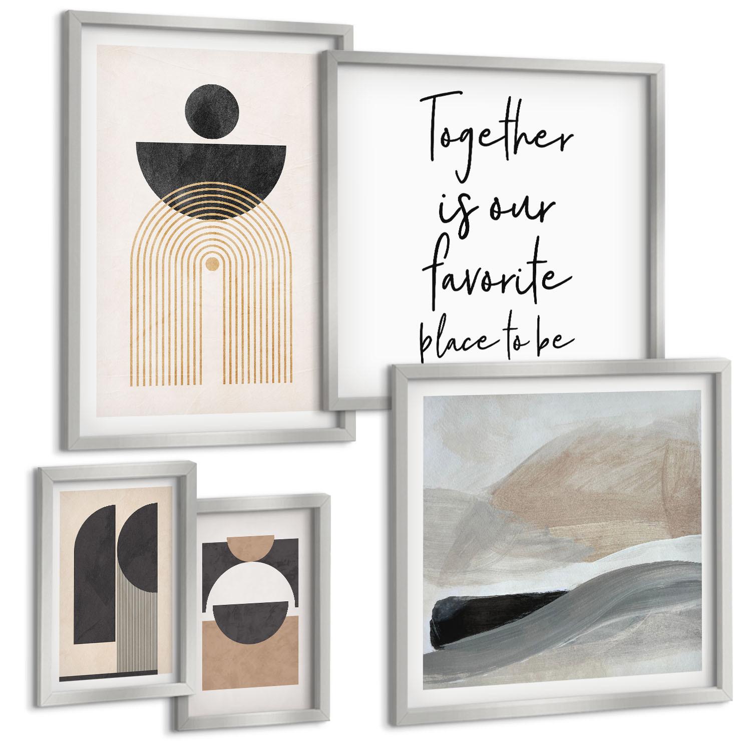 BILDER SET 5er Set - 50x50 cm & 20x30 cm & 40x60 cm Silberner Rahmen - Abstrakte Formen beige braun - Silberfarben, Kunststoff (40/60cm) - TULUP