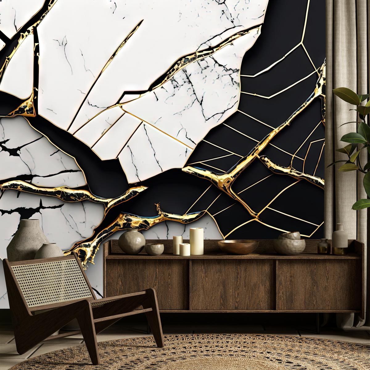 FOTOTAPETER für Badezimmer Abstrakter Marmor Goldene Verzierung 350x256 - Schwarz/Weiß, Papier (350/256cm) - Muralo