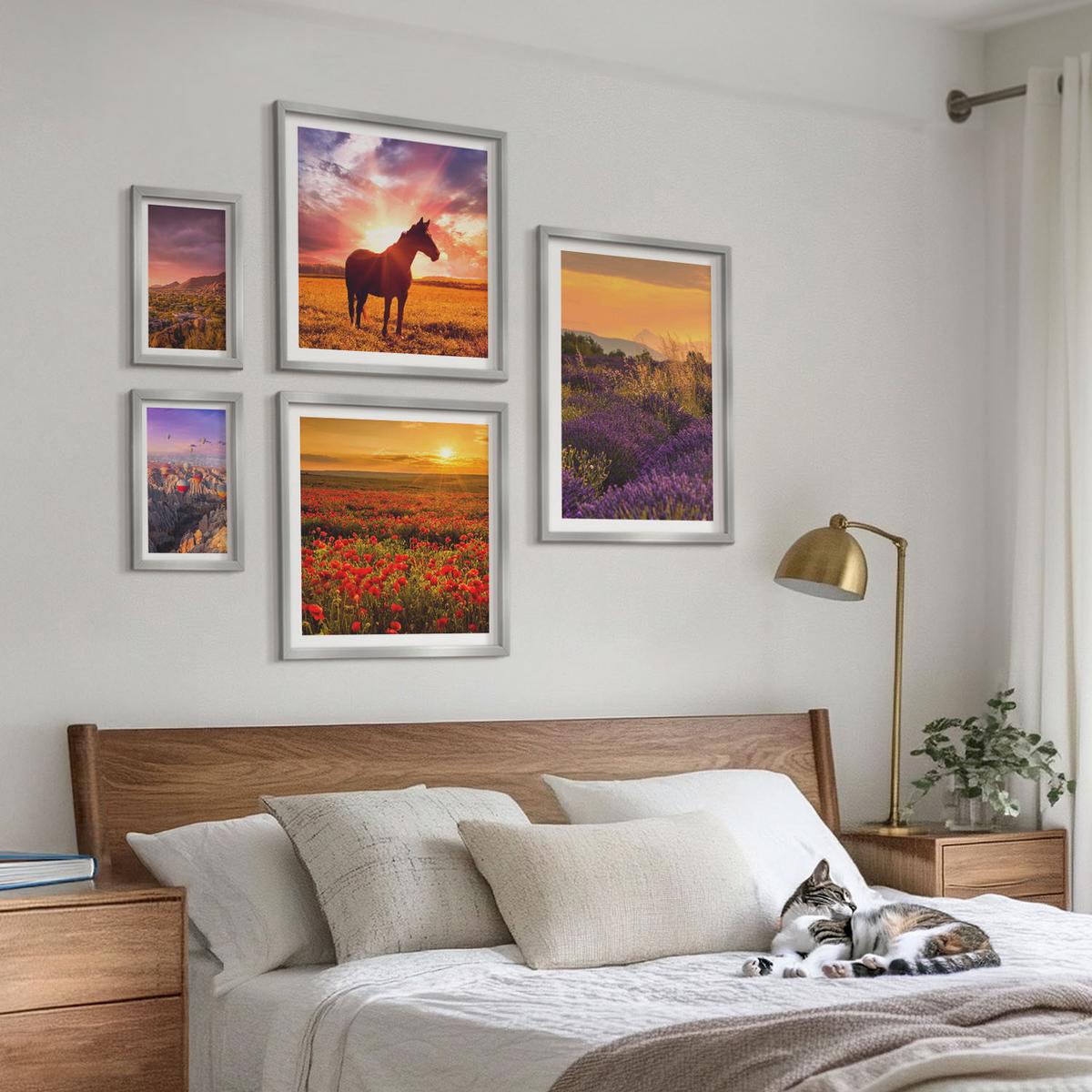 BILDER SET 5er Set - 50x50 cm & 20x30 cm & 40x60 cm Silberner Rahmen - Berglandschaft Rosslavendel - Silberfarben, Kunststoff (40/60cm) - TULUP