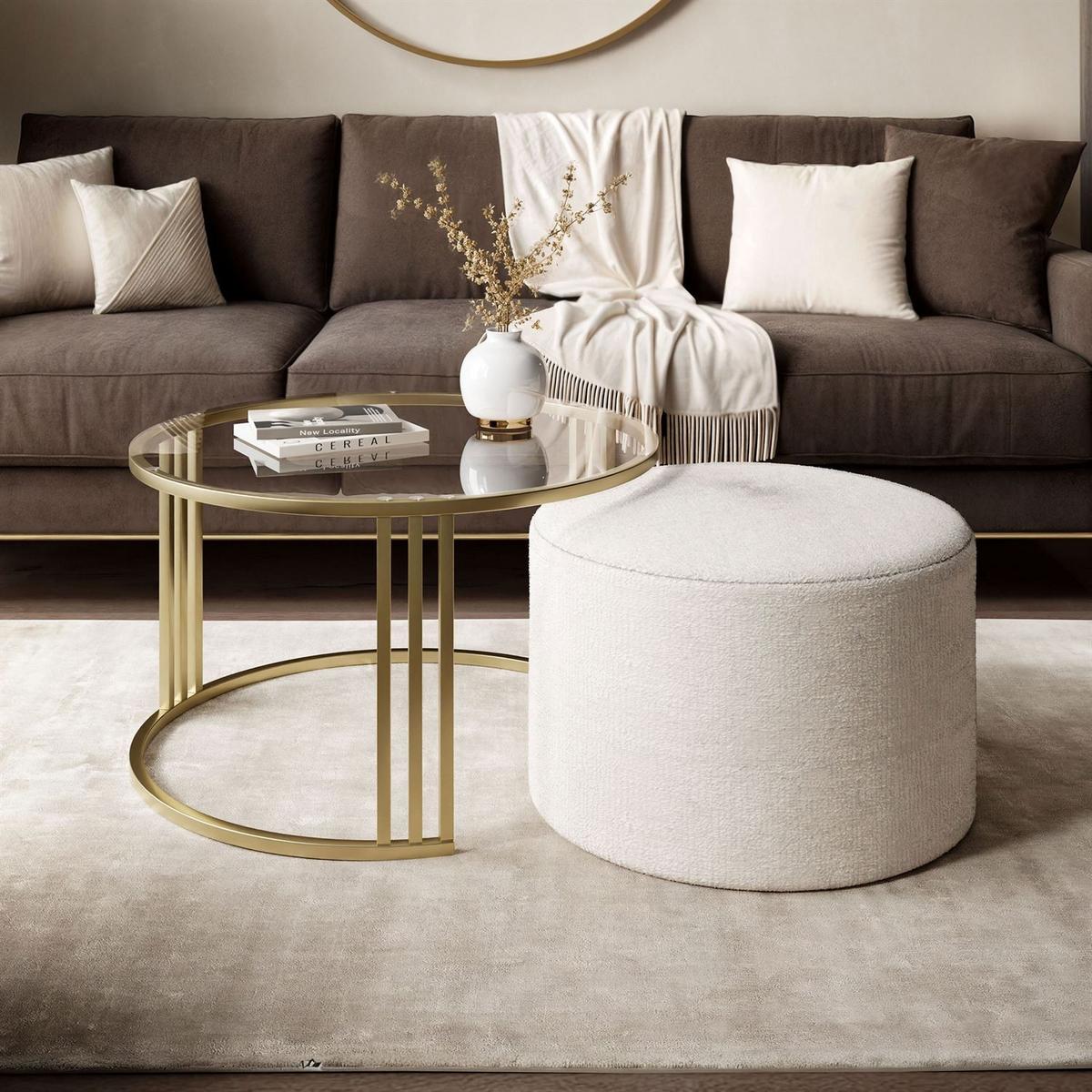 COUCHTISCH mit Hocker LORI GLASS gebürstetes Gold/transparentes Glas/Coral 65 - Transparent, Metall (70/70/49cm) - Lookway