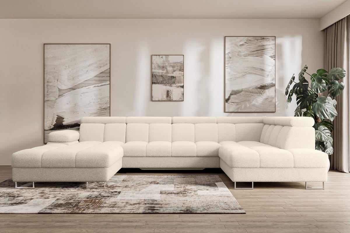 WOHNLANDSCHAFT mit Schlaffunktion und Bettkasten Ottomane RECHTS COMA U 345x203x79 Beige Bouclé - Sandfarben, Holzwerkstoff/Textil (203/79/345cm) - ALTDECOR