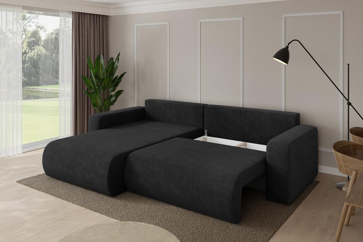 ECKSOFA mit Schlaffunktion Ottomane Links BERY-L 276x193x88 Schwarz Velours - Schwarz, Holzwerkstoff/Kunststoff (276/193cm) - ALTDECOR