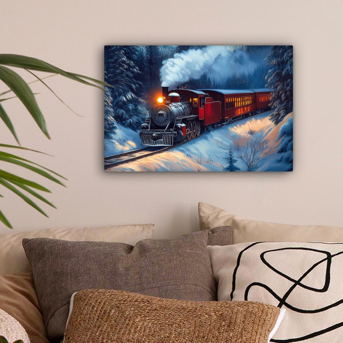 LEINWANDBILD Zug - Weihnachten - Schnee - Weihnachtszug Deko Schlafzimmer 30x20 cm - Anthrazit, Textil (30/20cm) - MuchoWow