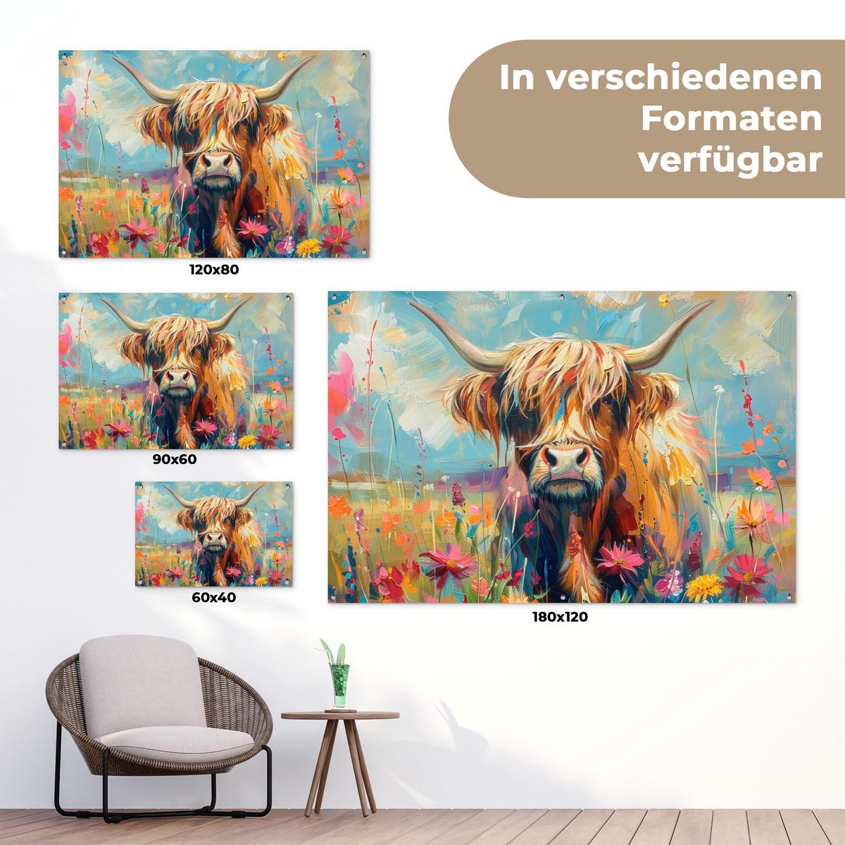 GARTENPOSTER Schottische Hochländer - Natur - Farbenfroh - Blumen Gartendeko 90x60 cm - Hellblau, Kunststoff (90/60/0.2cm) - OnlyWow