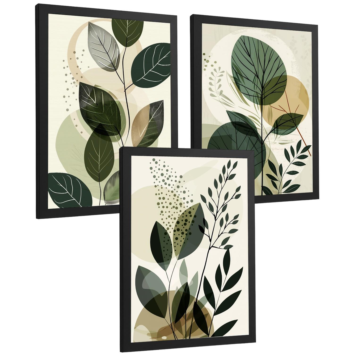 POSTER 3er Kunstdruck-Set Wandbilder Pflanzen Abstrakt modern Wohnzimmer Deko, Schlafzimmer, Küche, Badezimmer Schwarzer Rahmen A4 - Schwarz, Papier (29.7/1/21cm) - Nacnic