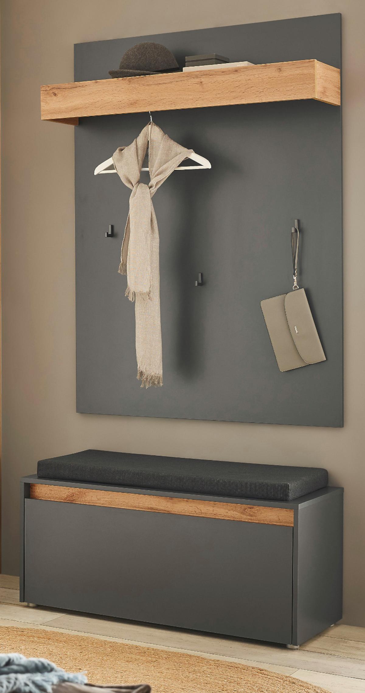 GARDEROBEN-SET 3-teilig grau matt, Eiche Wotan 100 cm, Flurgarderobe inklusive Sitzkissen - Eiche Wotan/Silberfarben, Holzwerkstoff/Kunststoff (100/200/40cm) - Furn.Design