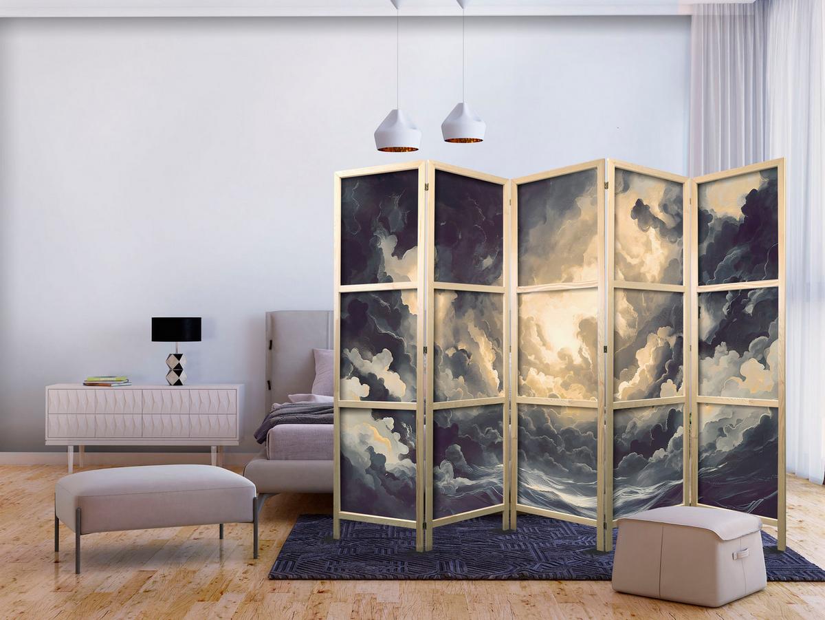 PARAVENT Japanischer 5-tlg 225x172 cm Malerische Wolken - Schwarz, Holz/Textil (225/172/3cm) - Muralo