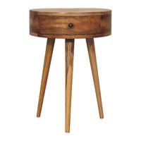 MINI NACHTTISCH rund, Eichenholzoptik, 1 Schublade, Nordische Beine, Beige - Beige/Messingfarben, Holz/Metall (40/52/32cm) - Artisan Furniture