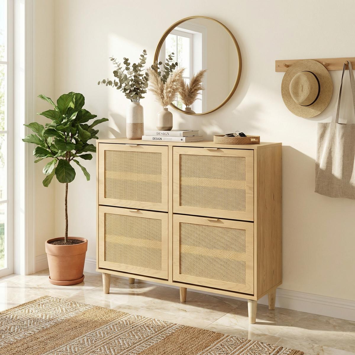 SCHUHSCHRANK mit Rattan-Front & 4 Klappen in Eiche-Optik - Sonoma Eiche, Holzwerkstoff (100/90/25cm) - Urban Meuble