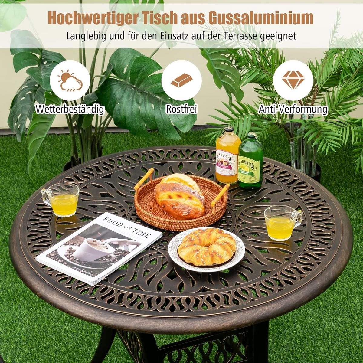 GARTENTISCH Antikbraun - Bronzefarben, Metall (90/90/74cm) - COSTWAY