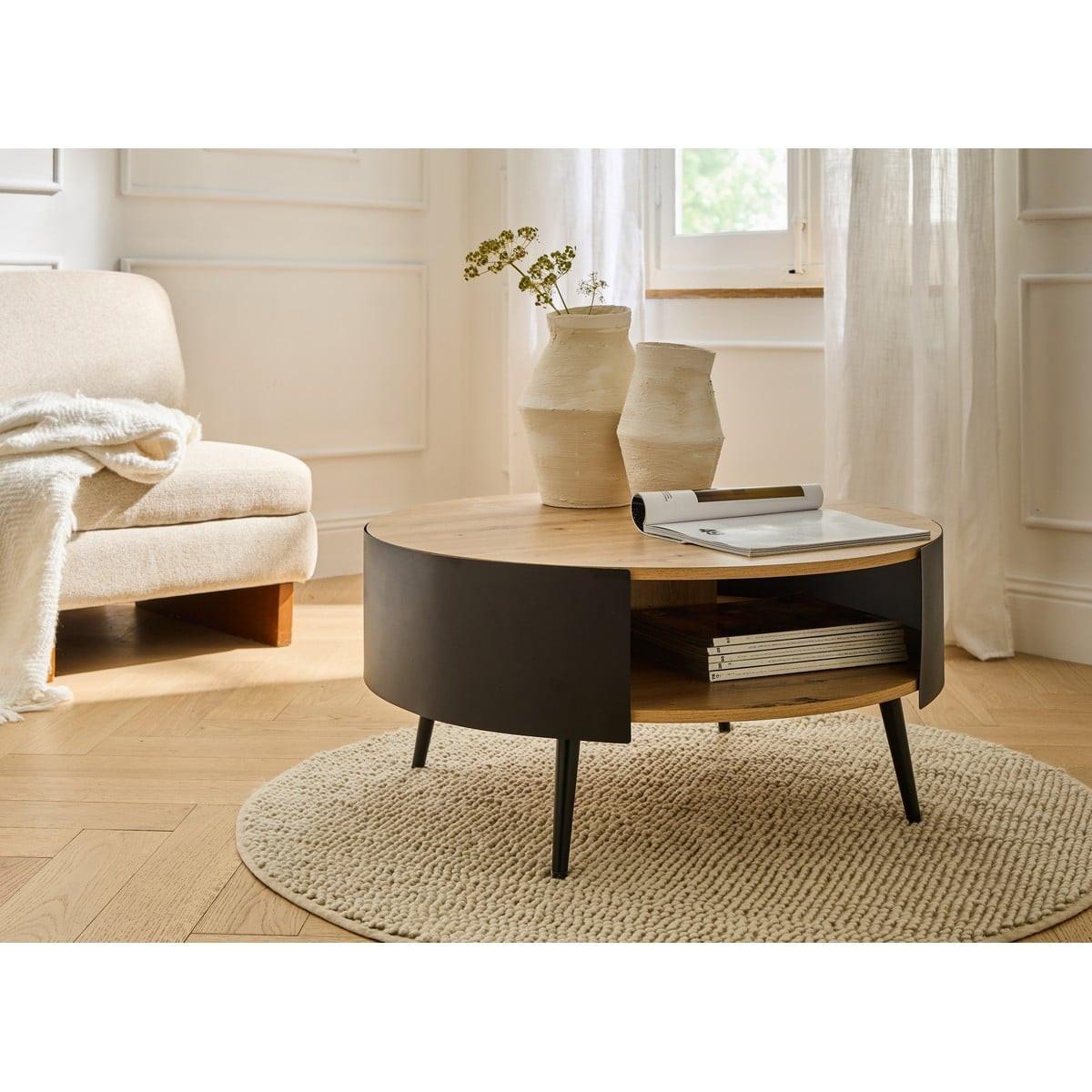 COUCHTISCH mit 2 Ebenen und schwarzen Metallseiten eklo 80/39/80 cm - Eichefarben, Holzwerkstoff (89/80/39cm) - Calicosy