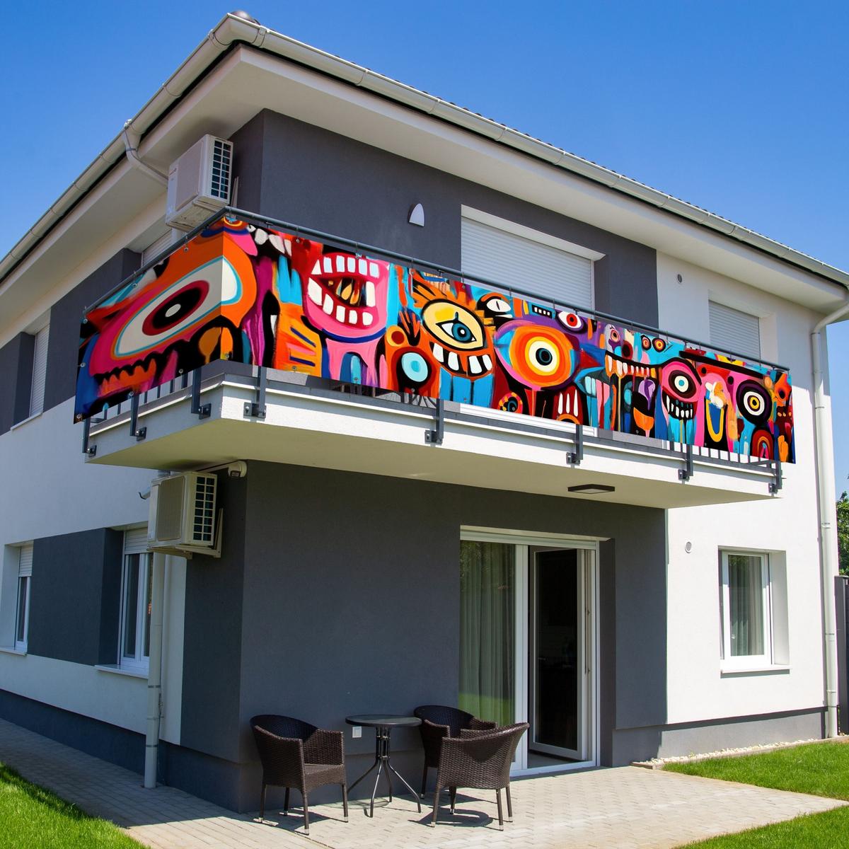 BALKON-SICHTSCHUTZ Abstrakt - Gesicht - Farbenfroh Groß 500x80 cm - Multicolor, Kunststoff (500/80cm) - MuchoWow