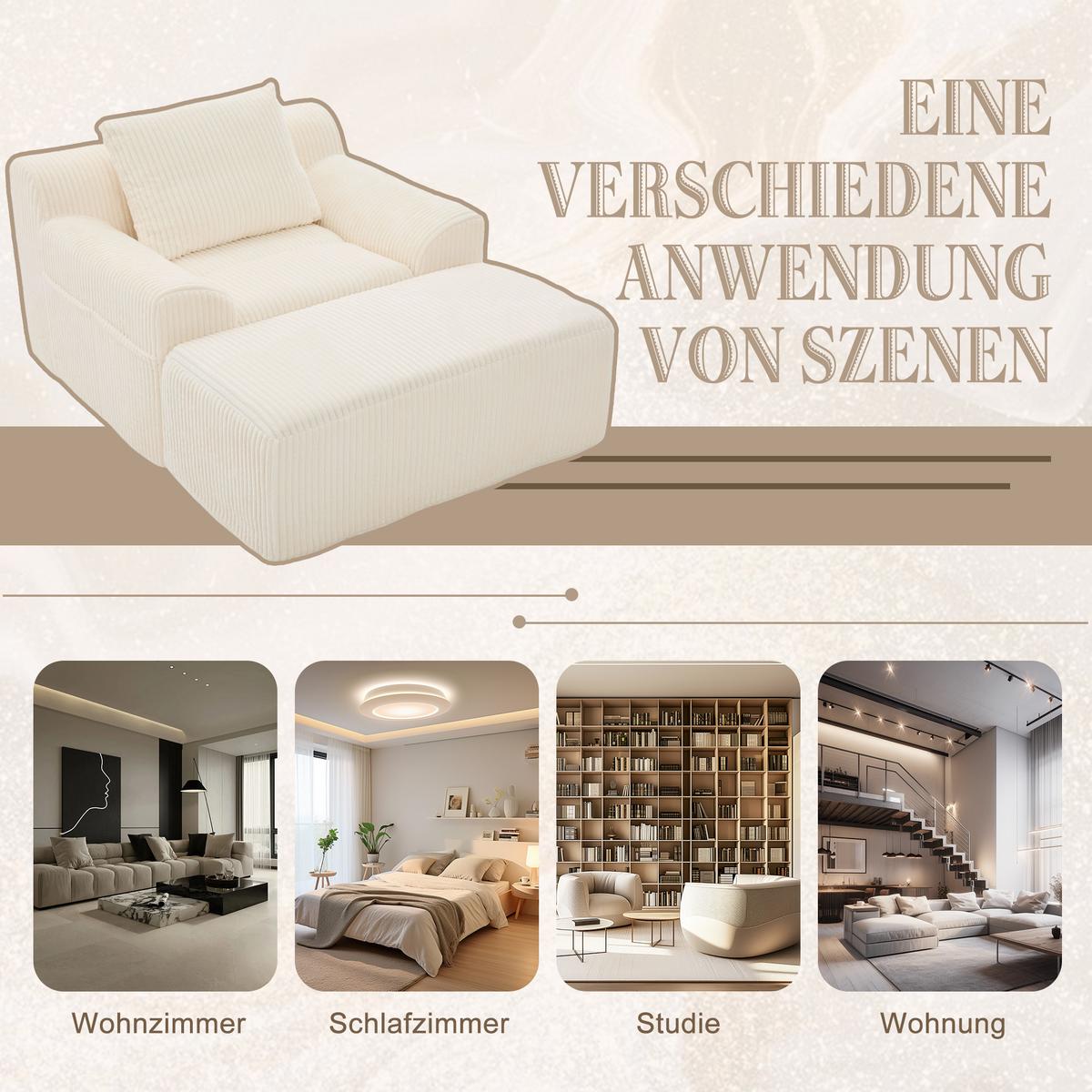 SESSEL mit Hocker in Cord Übergroßer Relaxsessel - Beige, Textil (110/67/147cm) - Urban Meuble