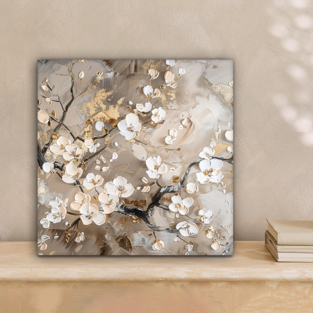 LEINWANDBILD Blumen - Weiß - Gold - Beige - Luxus Deko Wohnzimmer 20x20 cm - Greige, Textil (20/20cm) - MuchoWow