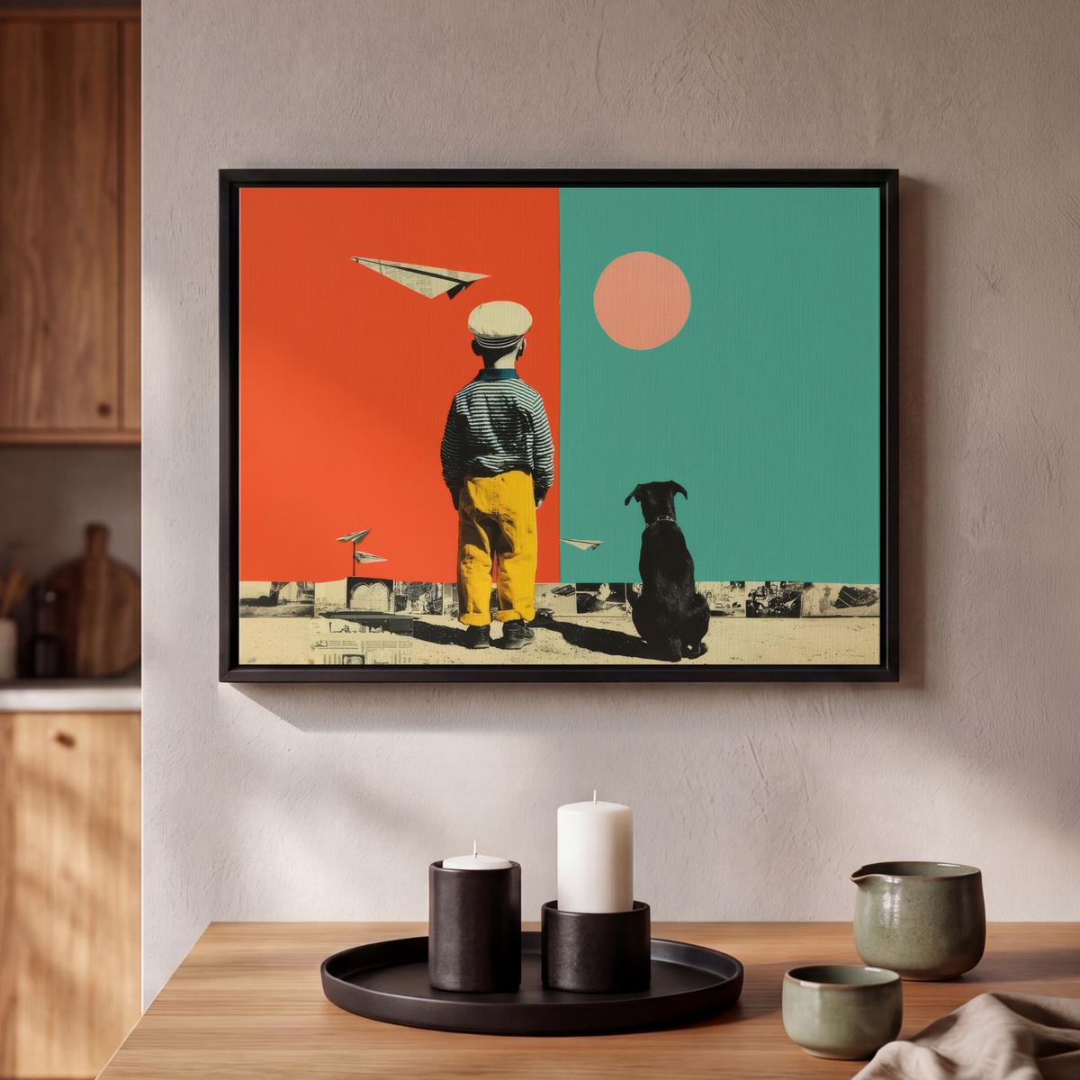 LEINWAND Bilder mit Rahmen - Retro - Junge - Hund - Rot - Grün - 40x30 - Orange, Textil (40/30cm) - MuchoWow