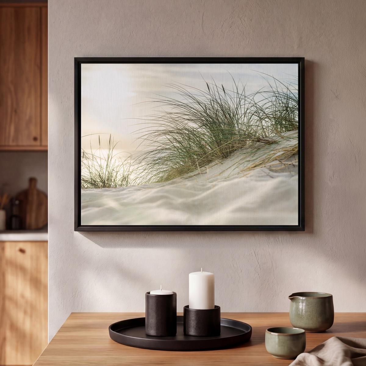 LEINWAND Bilder mit Rahmen - Dünen mit Strandhafer in der Sonne des Nationalparks Schleswig-Holsteinisches Wattenmeer - 40x30 - Creme, Textil (40/30cm) - MuchoWow