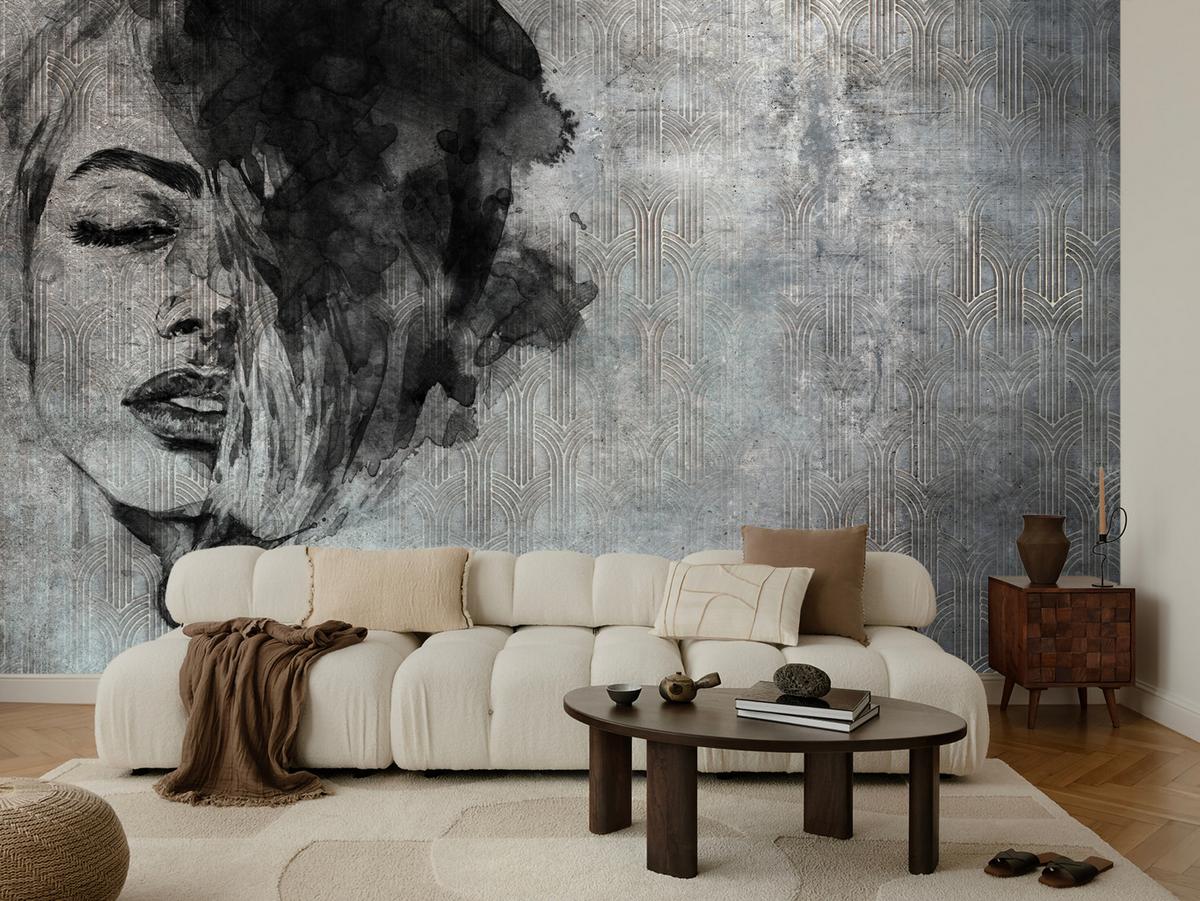 FOTOTAPETE für Wohnzimmer Abstrakte Frau Porträt Beton Ornament 100x70 - Grau, Papier (100/70cm) - Muralo