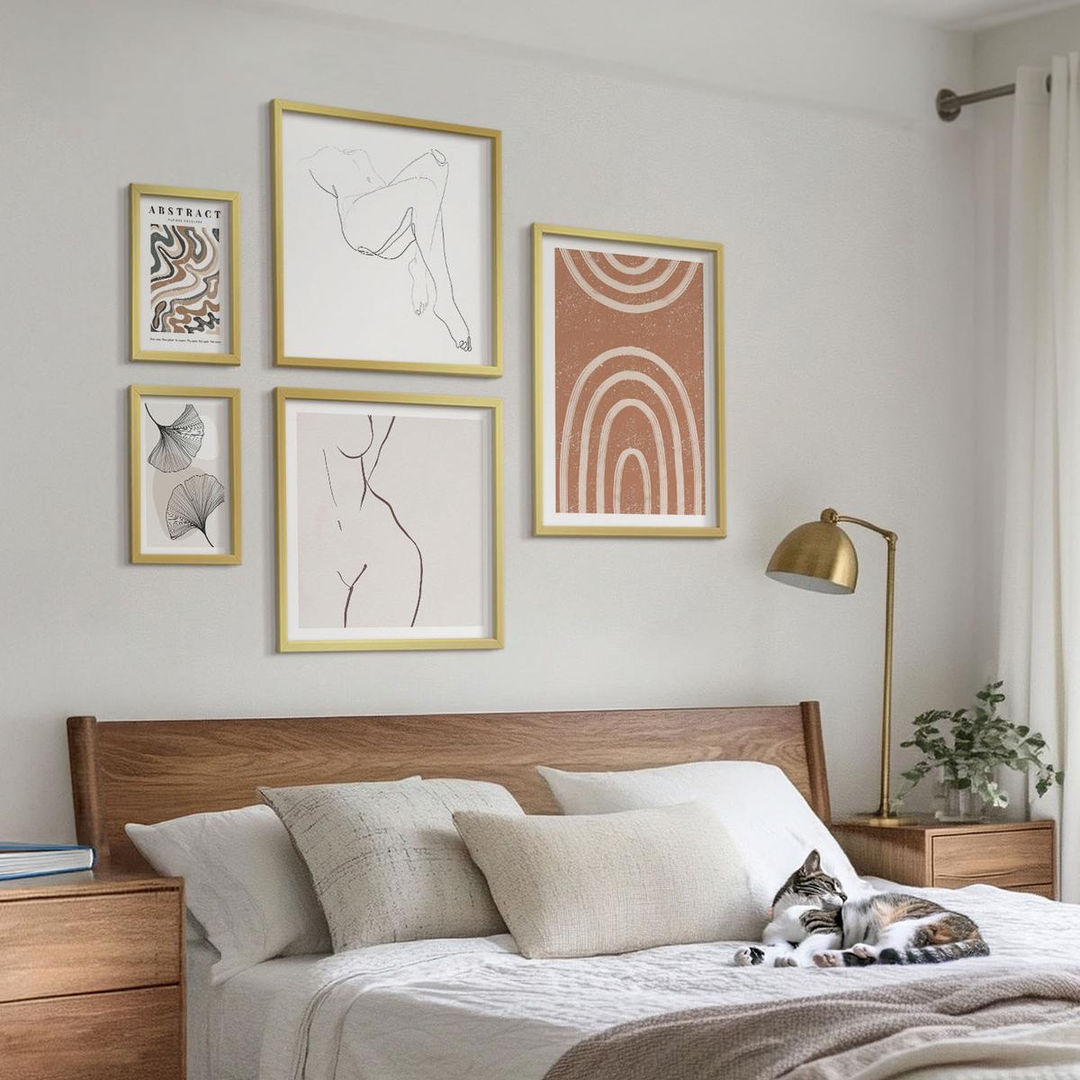 BILDER SET 5er Set - 50x50 cm & 20x30 cm & 40x60 cm Goldrahmen - Abstrakte Boho-Blattformen - Goldfarben, Kunststoff (40/60cm) - TULUP