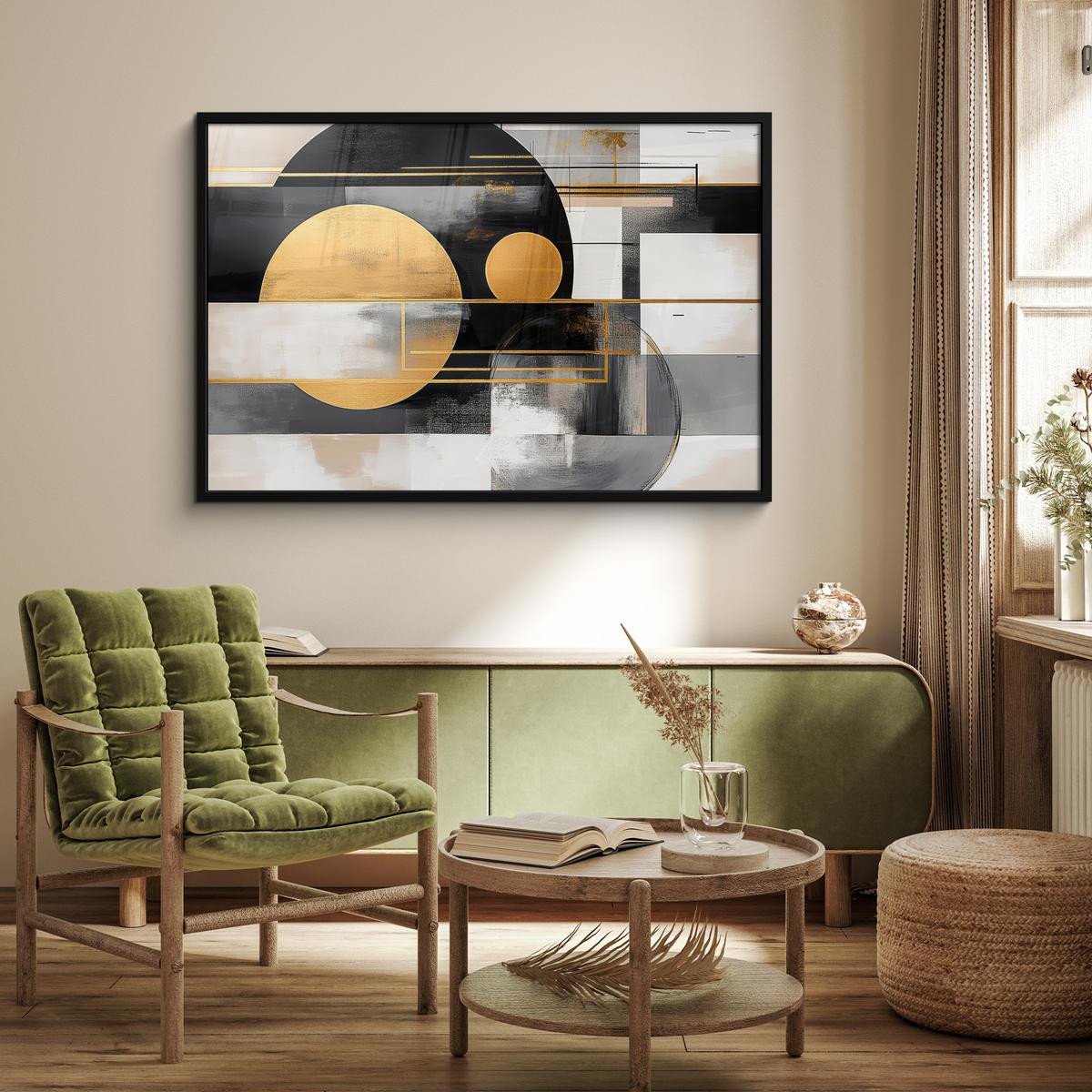 POSTER MIT RAHMENGERAHMTES BILD Abstrakt - Gold - Silber - Formen - Ästhetisch - Modern 120x80 cm - Goldfarben, Papier (120/80cm) - MuchoWow