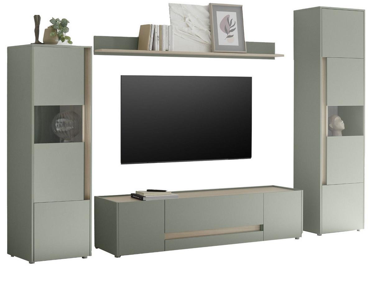 WOHNWAND Set 4-teilig 310 cm, Salbei grün, Eiche Barista, Komplettset mit viel Stauraum - Salbeigrün/Eichefarben, Glas/Holzwerkstoff (310/197/45cm) - Furn.Design