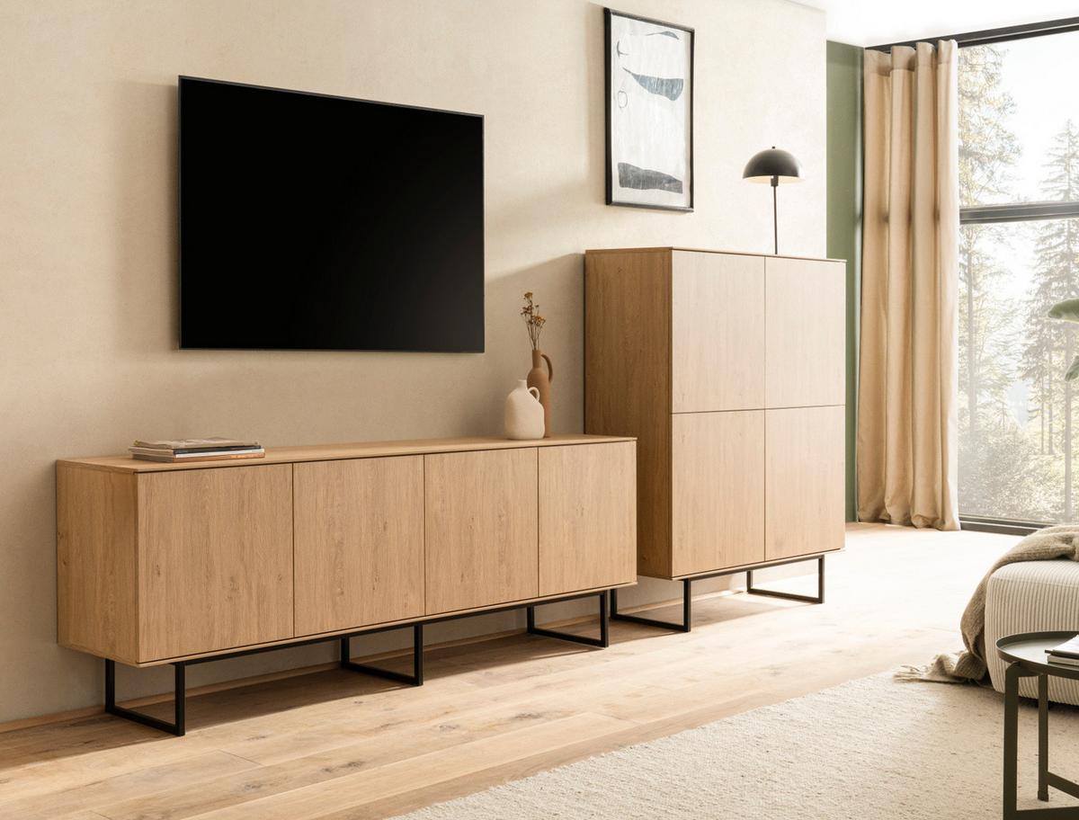 WOHNWAND in Eiche Dekor, Wohnzimmer Set mit TV Lowboard 200 cm und Highboard 4-türig, Push-To-Open - Eichefarben/Schwarz, Holzwerkstoff/Metall (330/137/40cm) - Furn.Design