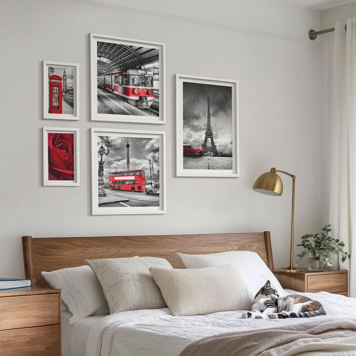 BILDER SET 5er Set - 50x50 cm & 20x30 cm & 40x60 cm Weißer Rahmen - Ikonische Städte London Paris Eisenbahn - Weiß, Kunststoff (40/60cm) - TULUP