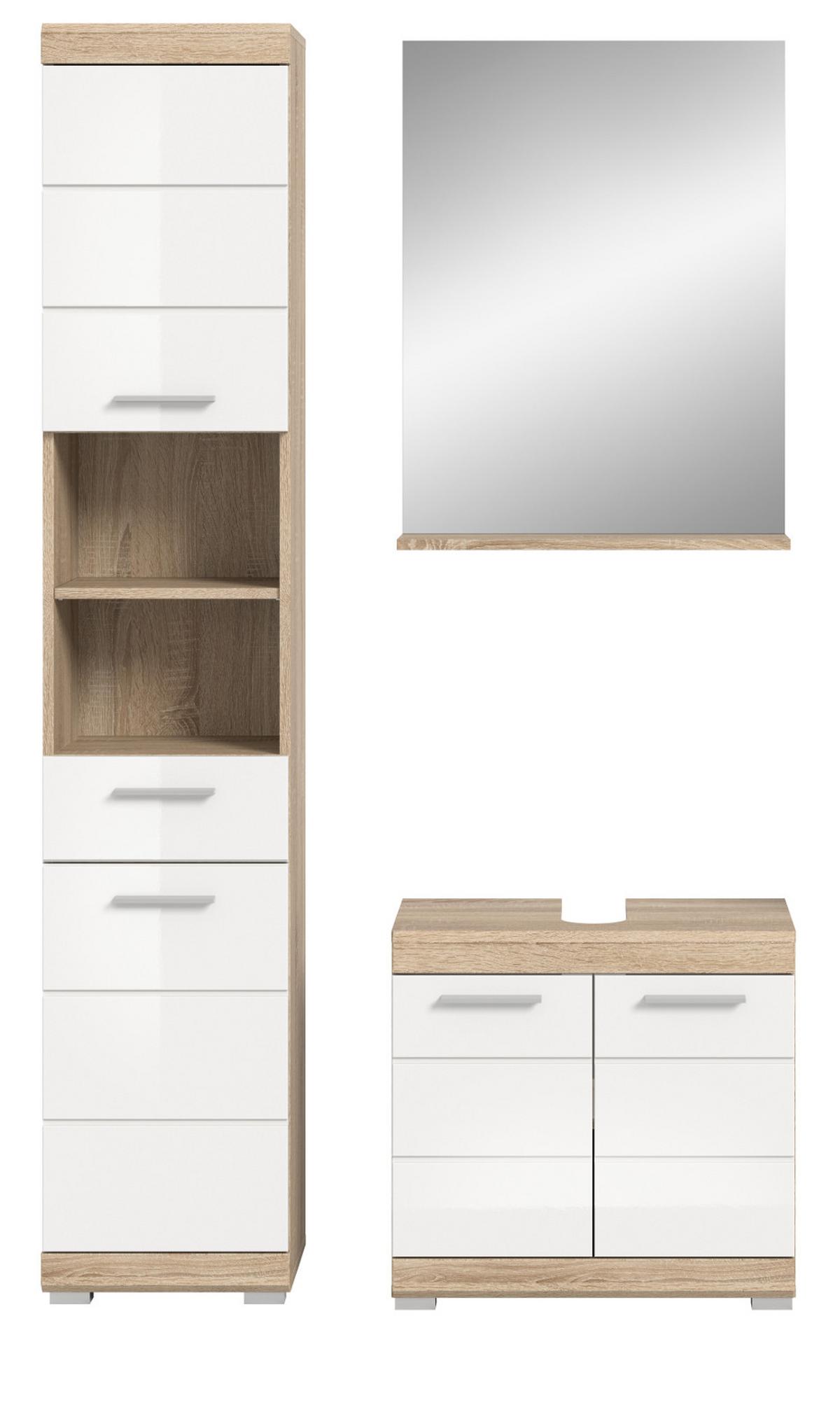 BADMÖBEL-SET weiß Hochglanz, Eiche 3-teilig 112 cm mit viel Stauraum - Weiß Hochglanz/Eichefarben, Holzwerkstoff (112/191/34cm) - Inn.Furn