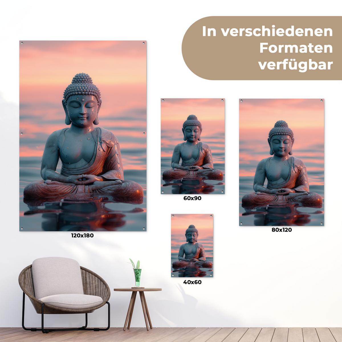 GARTENPOSTER Buddha - Statue - Buddha - Wasser - Kunst - Buddha Outdoor Bilder 80x120 cm - Blaugrau, Kunststoff (80/120/0.2cm) - OnlyWow