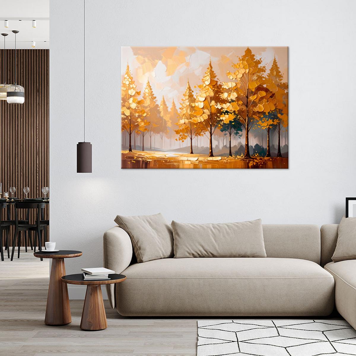 LEINWANDBILD Goldene Bäume Waldlandschaft 100x70cm - Goldfarben, Textil (100/70cm) - Feeby