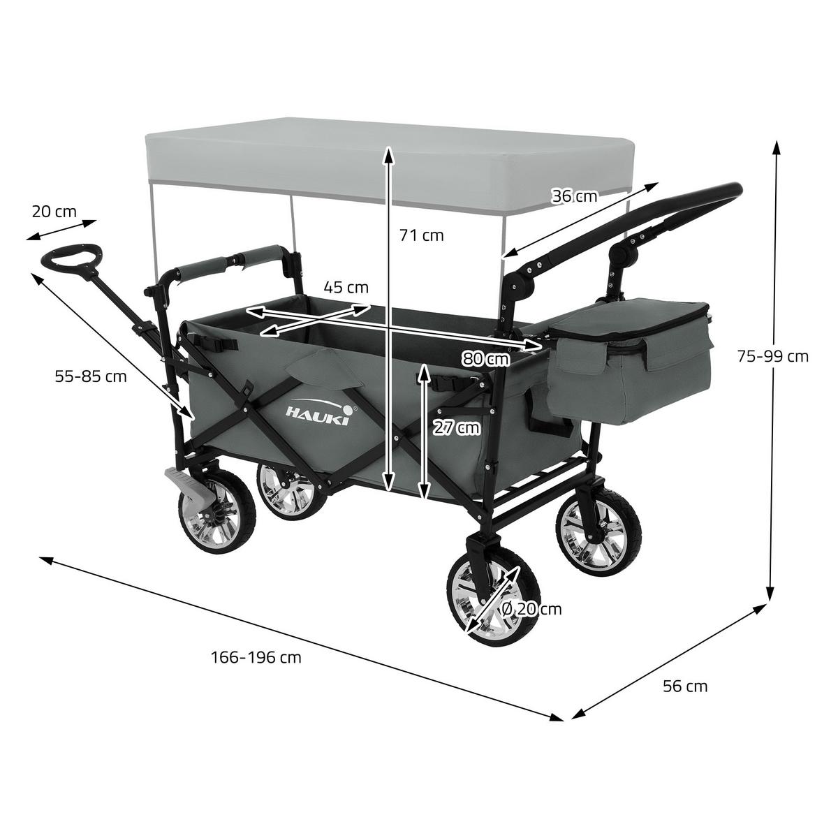 BOLLERWAGEN faltbar mit Dach XXL Grau Handwagen für Kinder Strand Picknick - Schwarz/Grau, Metall (56/99/196cm) - Hauki