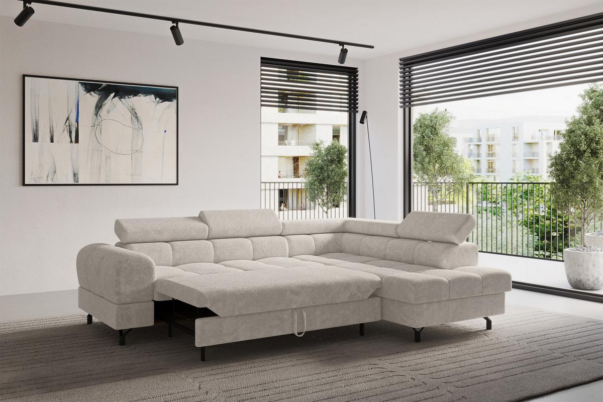 ECKSOFA mit Schlaffunktion Ottomane Rechts LUMA-L 272x203x70 Beige Velours - Beige/Schwarz, Holzwerkstoff/Kunststoff (203/272cm) - ALTDECOR