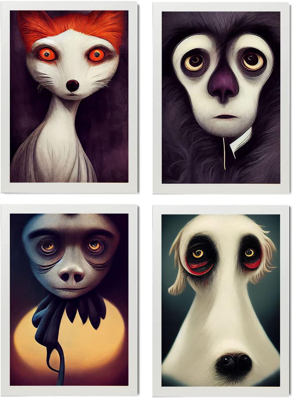 POSTER Set mit 4 Hören Tier im T Burton Goth Stil A4 Weißer Rahmen - Weiß, Papier (29.7/3cm) - Nacnic