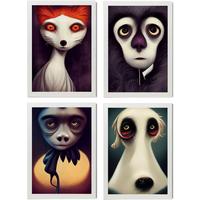POSTER Set mit 4 Hören Tier im T Burton Goth Stil A4 Weißer Rahmen - Weiß, Papier (29.7/3cm) - Nacnic