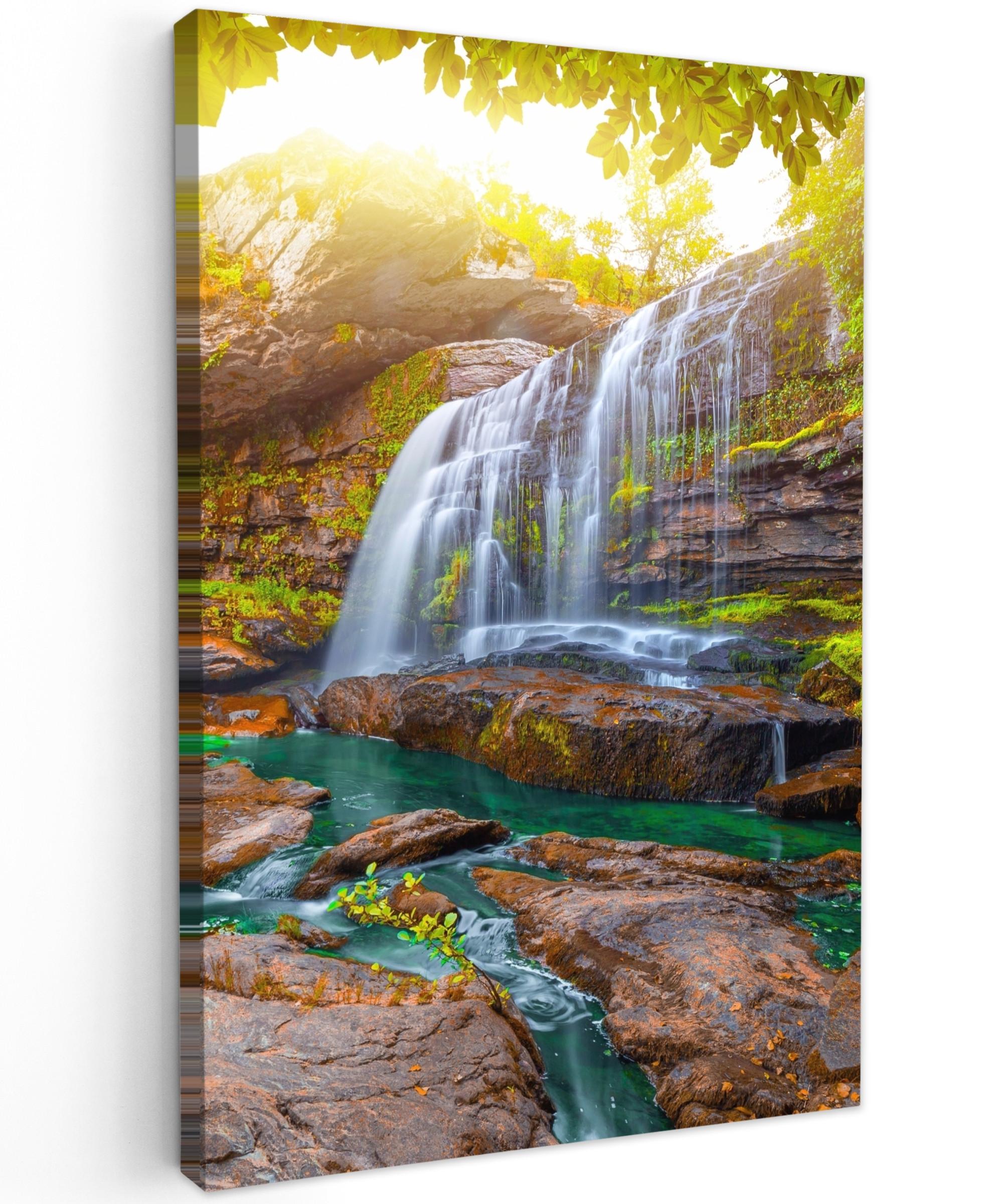 LEINWANDBILD Natur - Wasserfall - Pflanzen - Bäume - Sonne Deko Groß 90x140 cm - Olivgrün, Textil (90/140cm) - MuchoWow