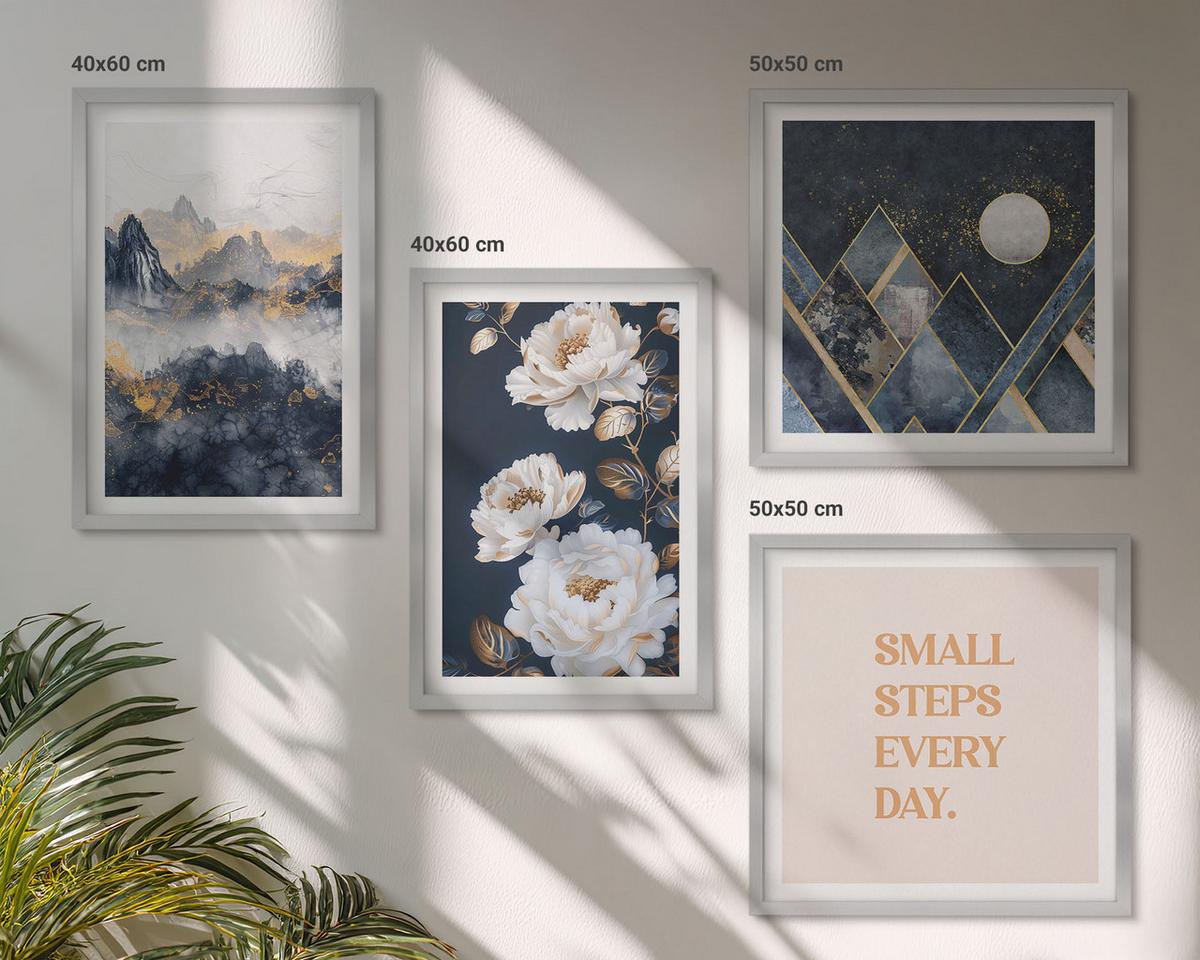 BILDER SET 4er Set - 50x50 cm & 40x60 cm Silberner Rahmen - Abstrakte Berge und Blumen Inspiration - Silberfarben, Kunststoff (50/50cm) - TULUP
