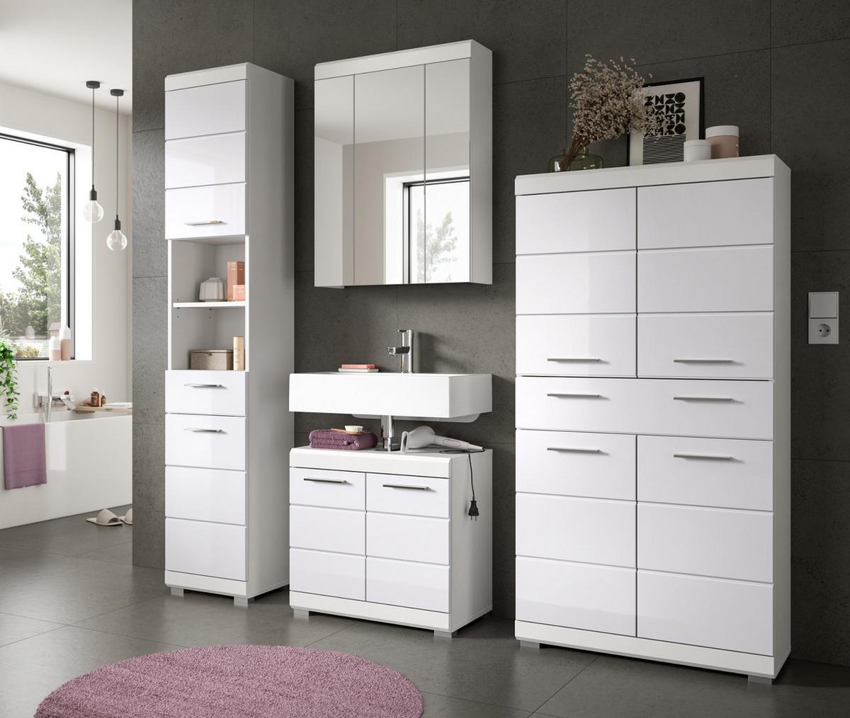MIDISCHRANK weiß Hochglanz 74 x 141 cm, Badschrank 4-türig - Weiß Hochglanz/Silberfarben, Holzwerkstoff/Kunststoff (74/141/31cm) - Inn.Furn