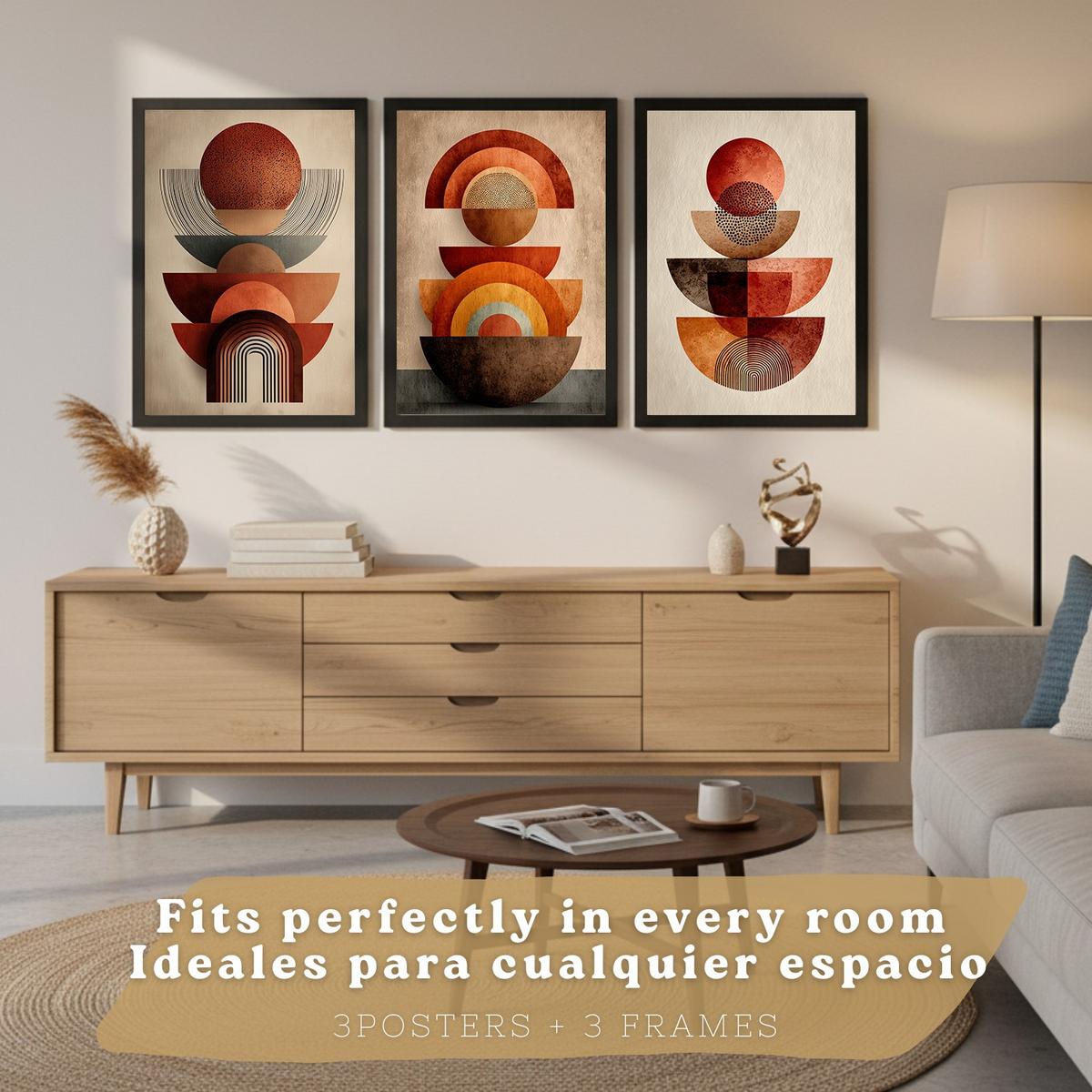 POSTER 3er Kunstdruck-Set Wandbilder Abstrakte Formen Rot Orange modern Wohnzimmer Deko, Schlafzimmer, Küche, Badezimmer Schwarzer Rahmen A4 - Schwarz, Papier (29.7/1/21cm) - Nacnic