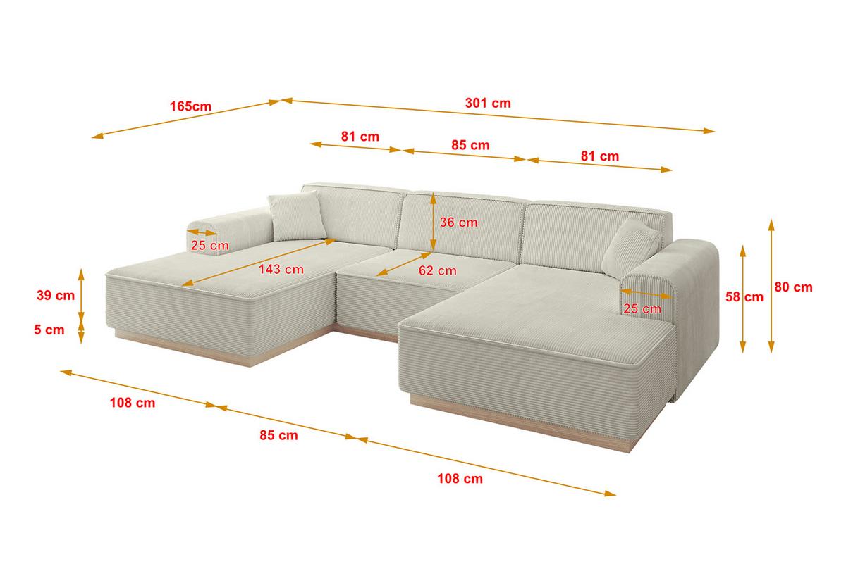 WOHNLANDSCHAFT IREA-U1 - 301x165x80 cm Creme - Ecru/Creme, Holzwerkstoff/Textil (301/80/165cm) - ALTDECOR