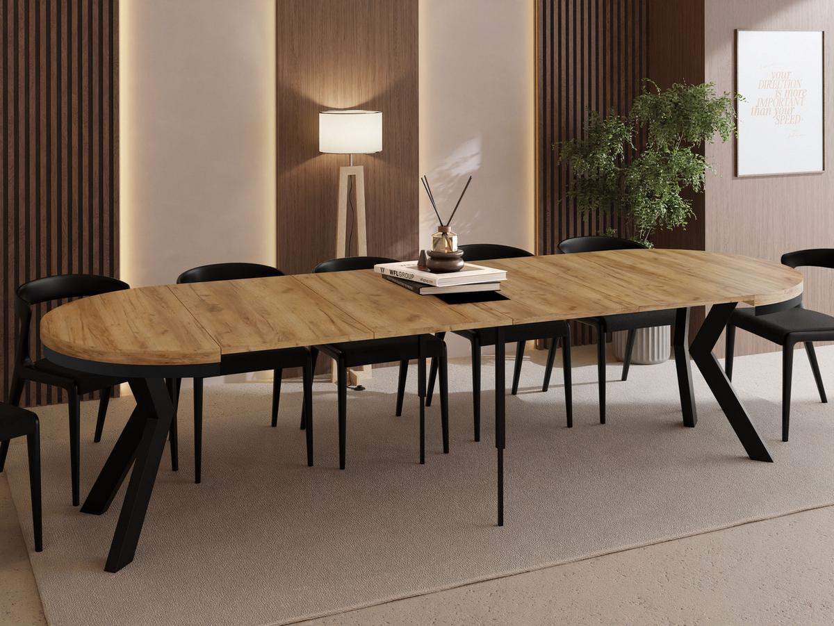 ESSTISCH Savio Neo rund ausziehbar verlängerbar XXL, Eiche Braun 100-300/100/77 cm - Eiche Wotan/Schwarz, Holz/Holzwerkstoff (100/300/77cm) - WFL GROUP