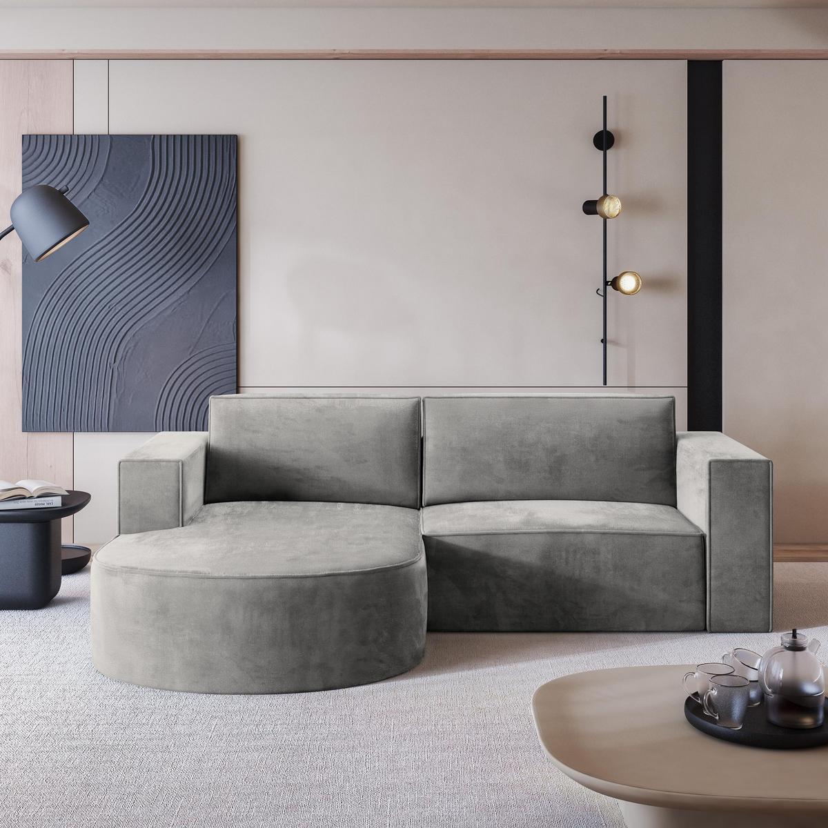 ECKSOFA SORELA M L-S Hellgrau Velours-Stoff mit Schlaffunktion - Hellgrau, Holz (263/174cm) - MASSENO