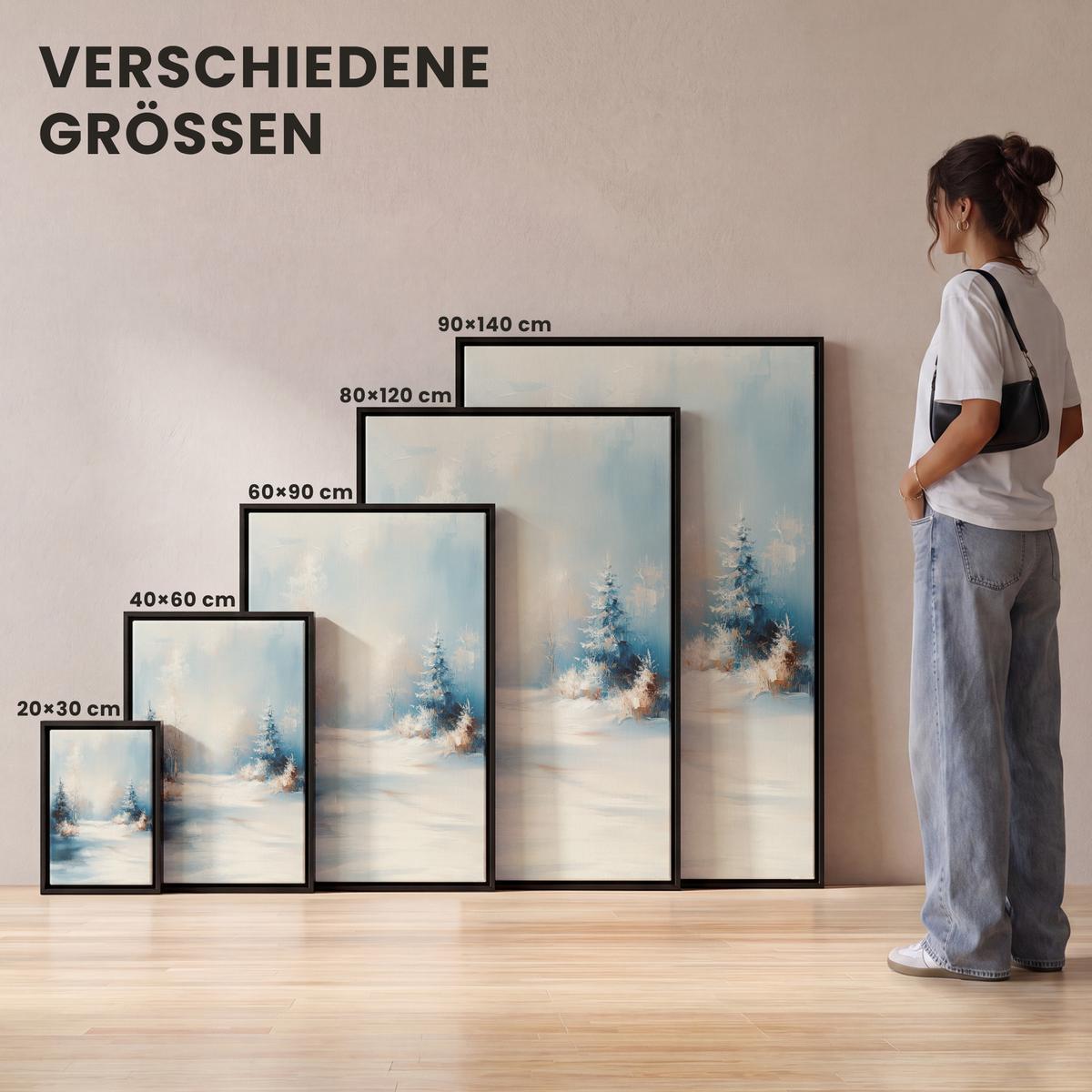 LEINWAND Bilder mit Rahmen - Wald – Winter – Natur – Abstrakt – Schnee - 100x150 - Weiß, Textil (100/150cm) - MuchoWow