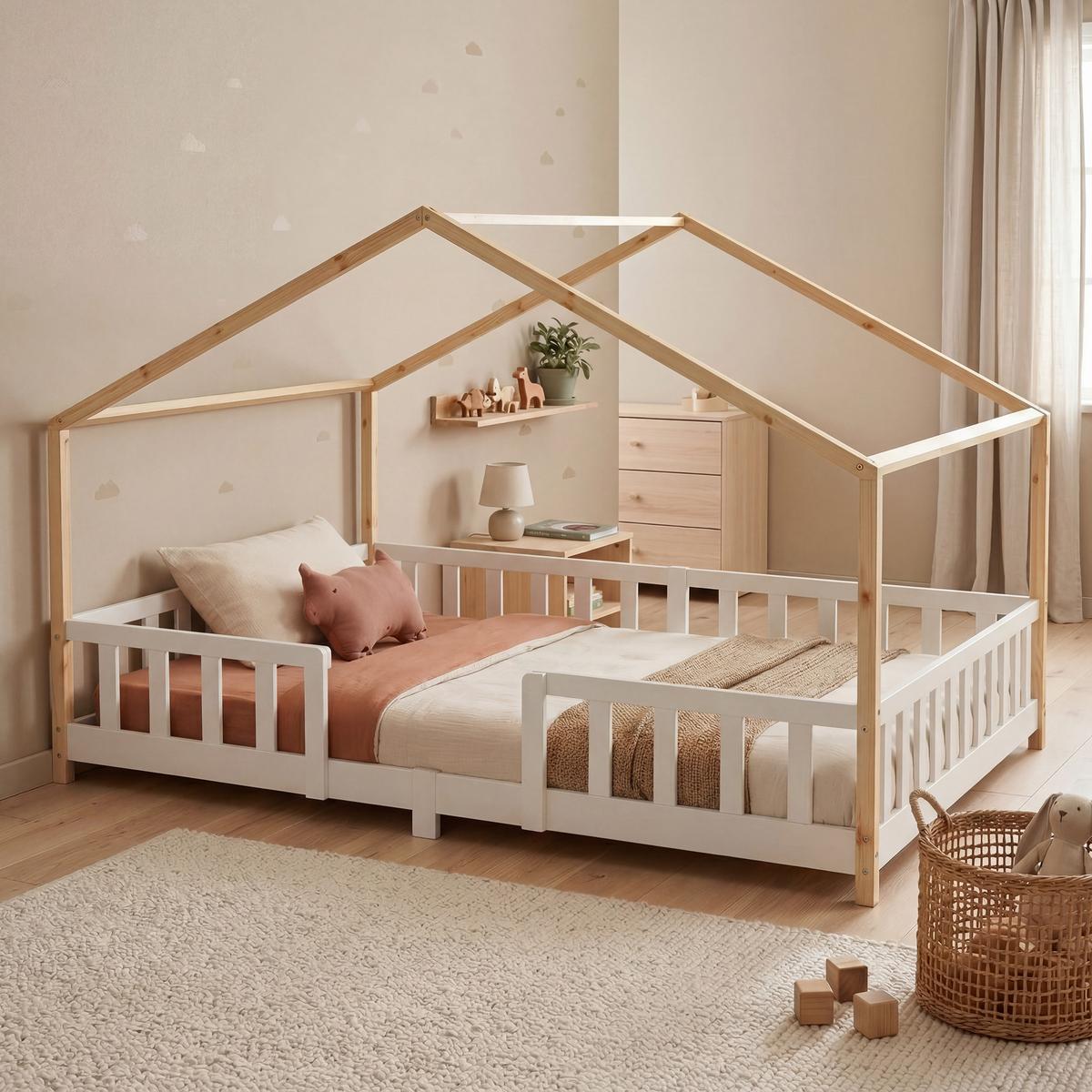 HAUSBETT Treviolo - Weiß/Naturfarben, Holz (120/200cm) - [en.casa]