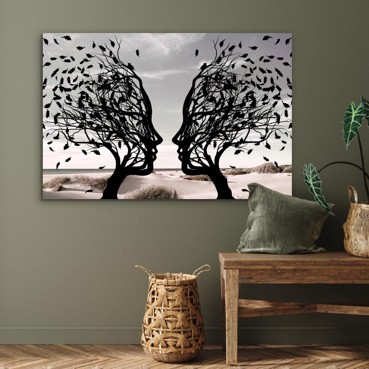METALLBILD Strand - Meer - Menschen - Baum - Moderne Kunst Deko Groß 120x80 cm - Hellgrau, Metall (120/80cm) - MuchoWow