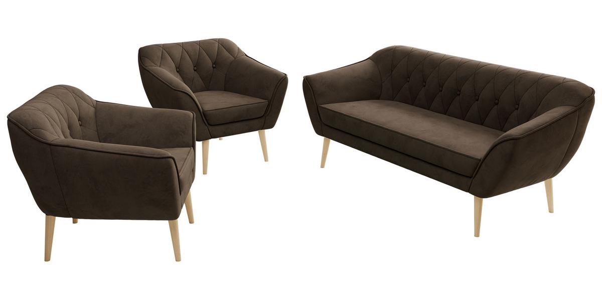 SITZGARNITUR PIRS 3+1+1 - Braun Velvet - Holzbeine - Dunkelbraun/Buchefarben, Holzwerkstoff/Textil (180/75/74cm) - MKS