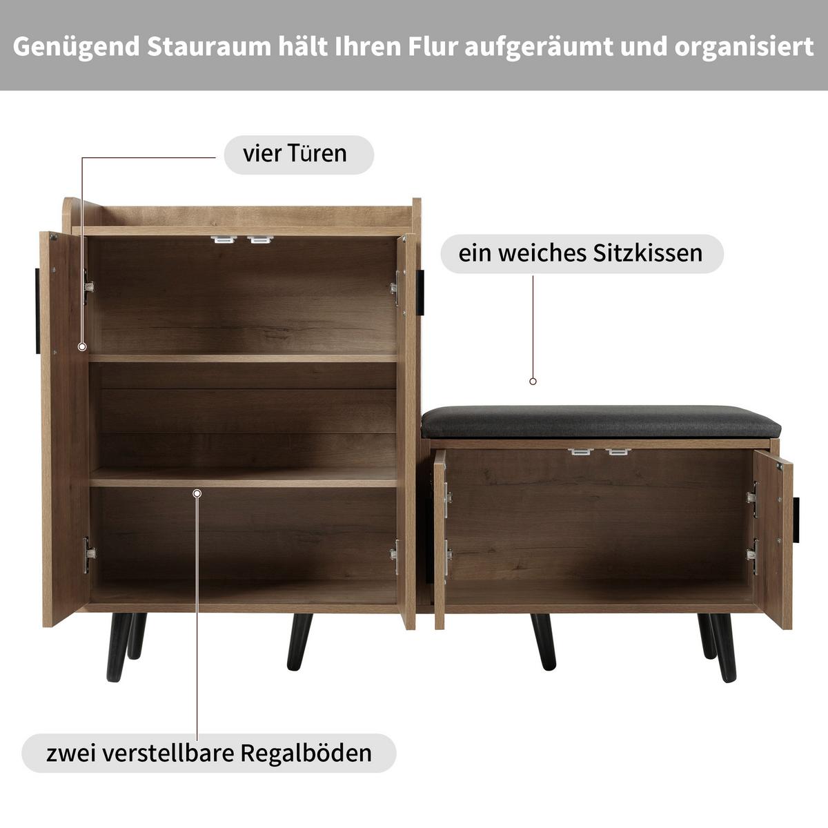 SCHUHBANK natur-optik, 4 türen & gepolsterte sitzfläche - Naturfarben, Holzwerkstoff (120/82.8/34cm) - Urban Meuble