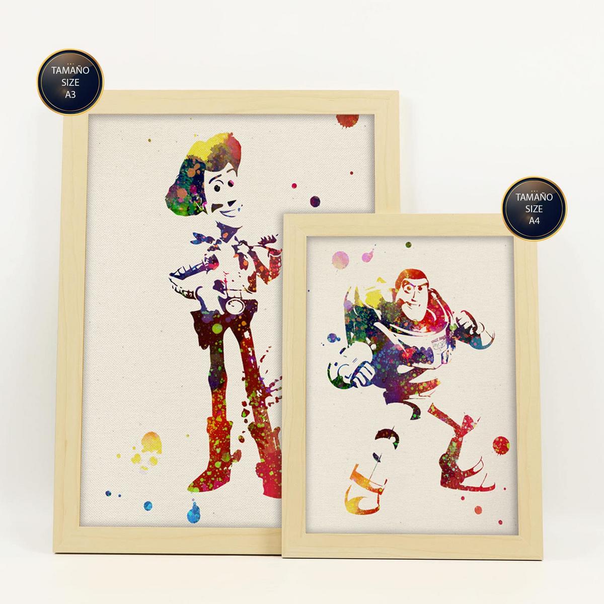 POSTER Set Mit 6 Toy Story Illustrationen Im Aquarell Stil Von Klassischen Kindermärchen, Filmen Und Büchern A3 & A4 Rahmen Aus Hellem Holz - Beige, Papier (29/3cm) - Nacnic